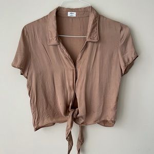 Aritzia Wilfred Gold Cropped Front Tie Silk/Satin Blouse